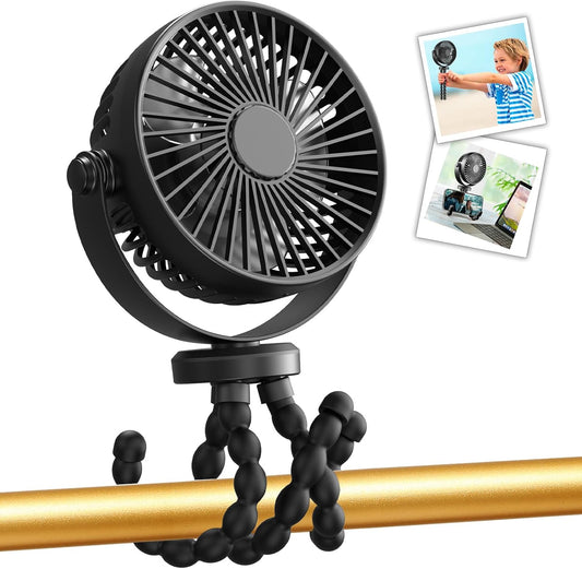 Portable Mini Handheld Fan with Flexible Tripod Clip - USB/Battery Powered, Ideal for Strollers, Car Seats, Desks, Bikes, Cribs, Treadmills, and Camping (Black)